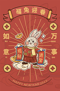 拿对联老太太福兔拿对联春节民俗文化庆祝插画