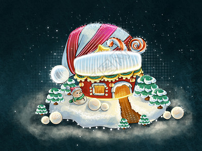 圣诞节下雪夜晚圣诞屋雪人浪漫插画图片