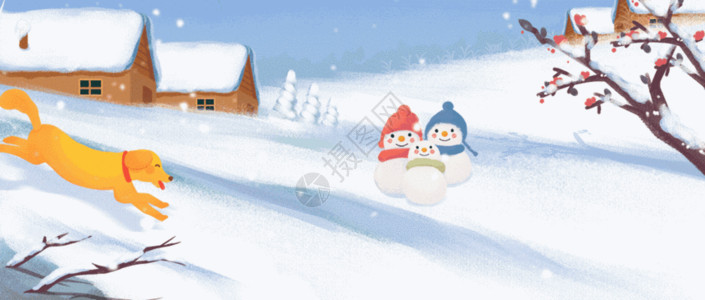 卡通人物与小狗冬至下雪天滑雪雪橇运动卡通人物和狗插画GIF高清图片