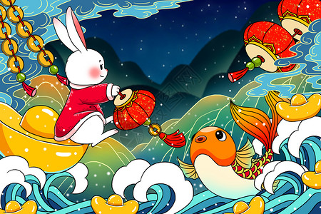 黄色金元宝2023年兔年新年小兔子提着灯笼戏锦鲤插画