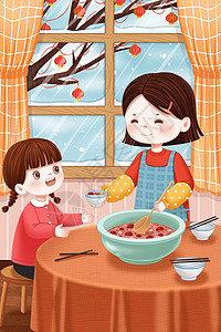 小女孩吃饭腊八节一起吃腊八粥的母女插画