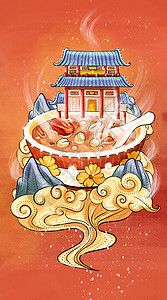 海鲜封面腊八粥中国风建筑春节习俗喜庆插画插画
