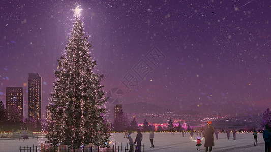 圣诞树夜景美丽的圣诞节日插画