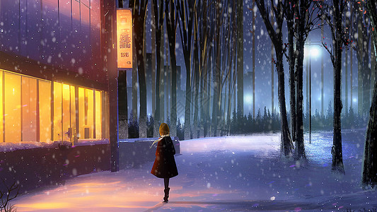 冬天夜晚的小路上背景图片