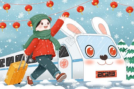 雪中列车奔向新一年的女孩插画