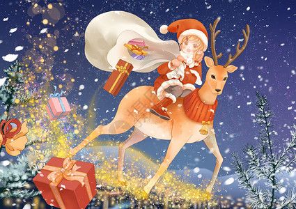衣服袋圣诞节骑着鹿送礼物的圣诞少女插画