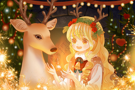 圣诞节女孩与鹿一起过圣诞节插画