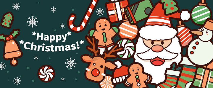 圣诞节海报宣传PNG圣诞老人圣诞元素节日氛围线描风插画Banner插画
