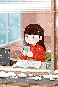冬天窗里拿着热水杯的女孩插画