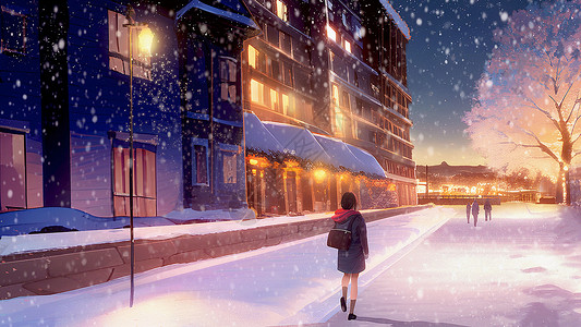 雪天夜景冬天的女孩插画