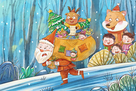 圣诞节森林中圣诞老人礼物儿童可爱治愈系插画背景图片