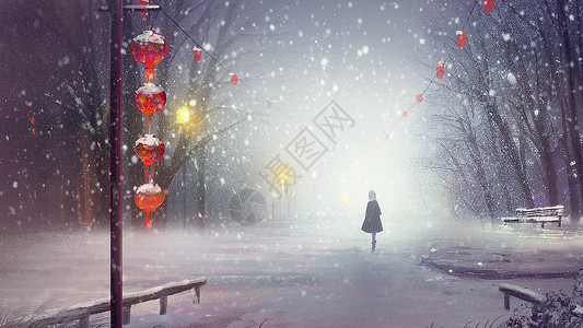 女孩在雪中漫步高清图片