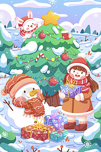冬印章装饰圣诞节女孩与兔子清新卡通插画插画