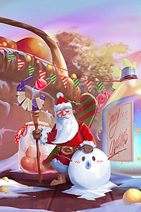 圣诞节的圣诞老人和雪人海报插画背景图片