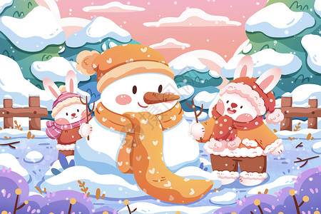 小寒节气兔子堆雪人插画图片