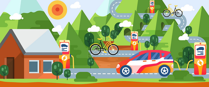 公路上绿色方向标图片新能源汽车绿色低碳环保插画