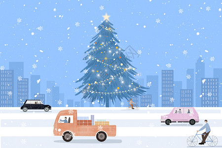 圣诞城市扁平插画背景图片