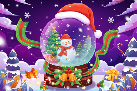 圣诞节圣诞快乐水晶球圣诞树雪人插画背景图片