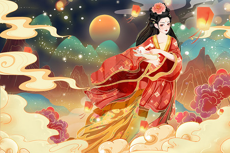 红色妇女节海报中国风国潮2023兔年春节过年海报插画插画