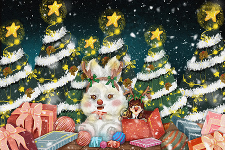 大白兔奶糖冬日圣诞节里的小女孩和大白兔插画