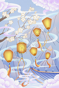 冬季梅树下的孔明灯节气插画海报图片