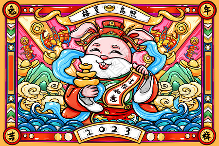 兔年传统年画素材国潮风卡通兔子拟人福星兔年年画2023福星高照吉祥插画插画