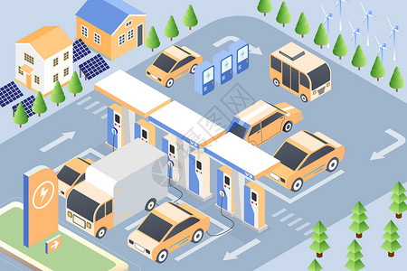 共享单车停车场2.5D新能源充电站插画