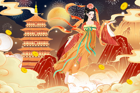国潮中国风元旦山水建筑古风美女海报插画背景图片