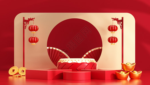 日式几何灯笼红色国潮电商展台背景设计图片