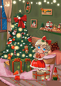 家里下雪小女孩拿着苹果在家里过圣诞节插画