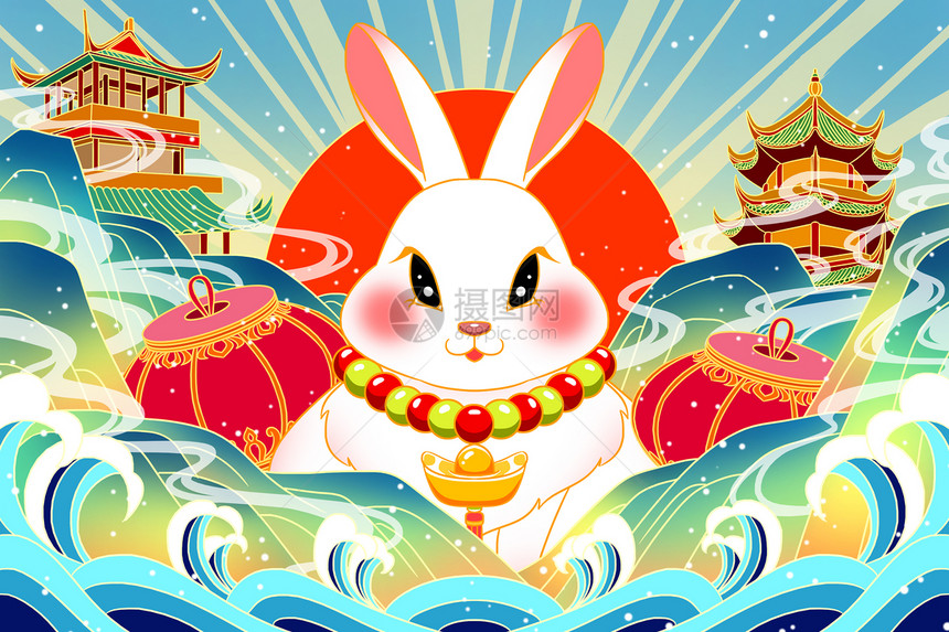 2023年兔年新年山水中的兔子和亭台楼阁图片
