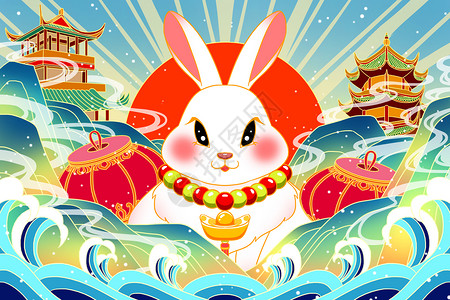 2023年兔年新年山水中的兔子和亭台楼阁背景图片