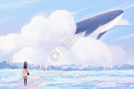 冬天冬季女孩鲸鱼治愈系风景插画图片