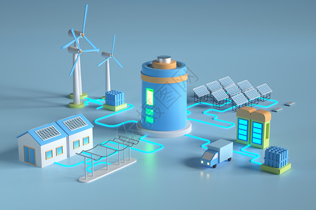 能源风电太阳能剪影C4D新能源风电光伏充能绿色能源3D模型插画