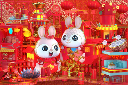 莲花与兔子兔年新年喜庆场景设计图片
