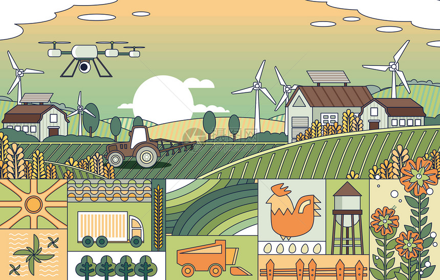 新能源清洁能源智慧农业智慧城市线描风横版插画图片