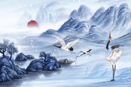 梅花与水素材国潮风冬季山水仙鹤GIF高清图片
