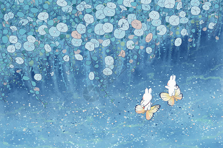看蝴蝶素材兔子湖上看花海水彩风可爱治愈横版插画插画