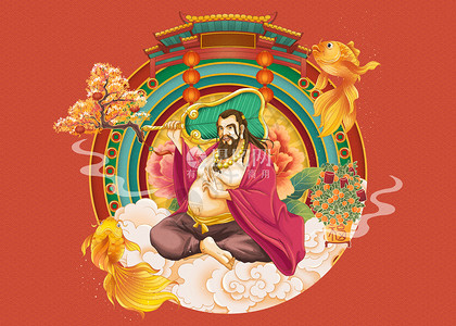 春节门头八仙过海迎新年之汉钟离手绘插画插画