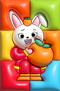 兔年AI膨胀风兔子抱着柿子开心喜庆春节背景背景图片