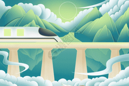 绿色群山前驶过的火车春节归乡主题插画GIF图片