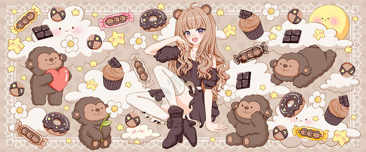 黑巧克力甜甜圈十二生肖申猴二次元插画banner插画