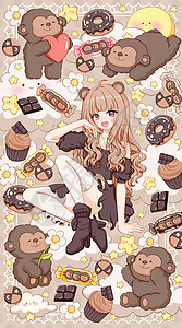 黑巧克力甜甜圈十二生肖申猴宽屏插画插画