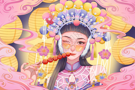 国潮京剧人物吃糖葫芦人物横版插画背景图片