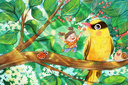 苔藓微景观惊蛰节气之黄鹂鸟与女孩水彩治愈系插画插画