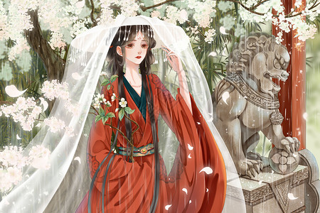 雨水戴着幕篱的古代女子古风插画高清图片