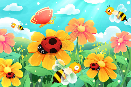 飘窗主卧春天惊蛰节气花朵中的昆虫插画插画