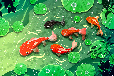 春天雨水中的锦鲤插画背景图片