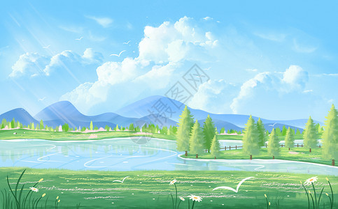 草地和花素材小清新春天唯美天空蓝天白云草地插画插画