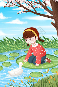春天河里的小女孩和小鸭子高清图片